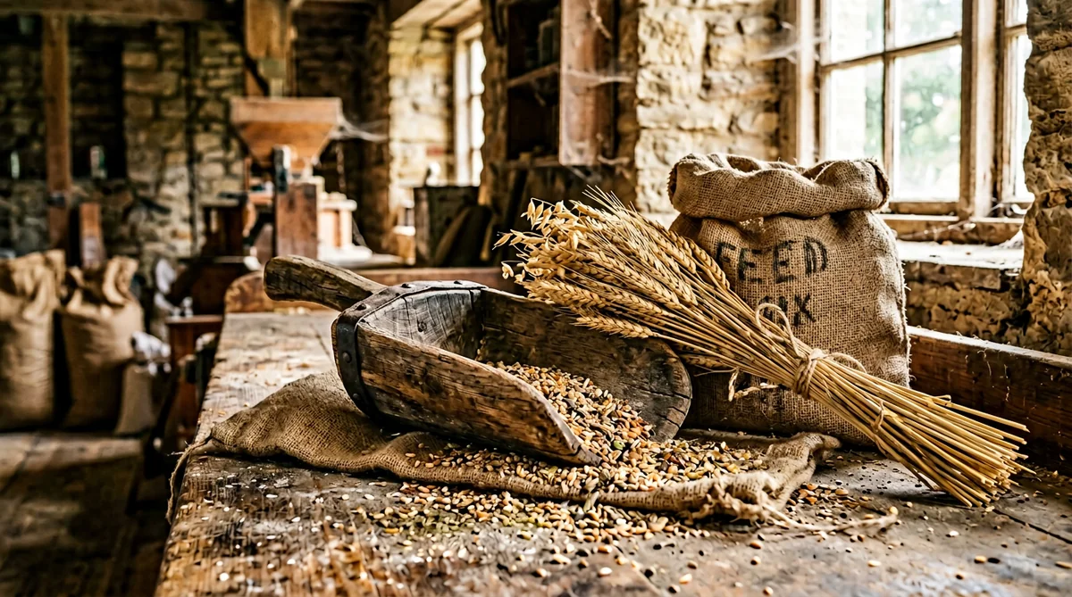 Heritage feed-mill still life with wooden scoop, burlap and grain stalks