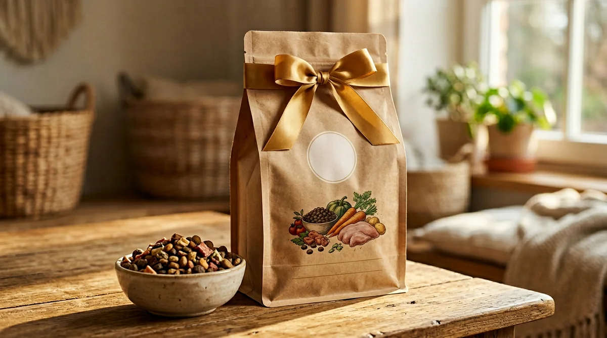 Themed Dr John Gold dog food bag with warm amber styling