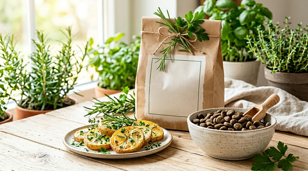 Themed grain-free dog food bag with green natural styling