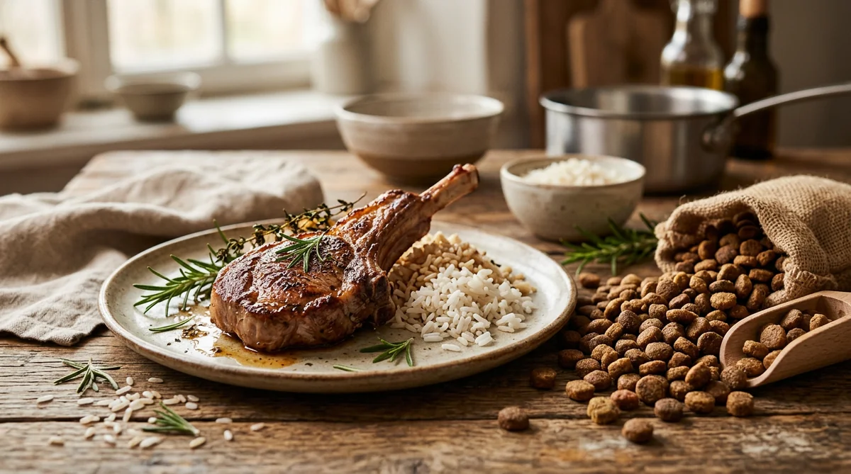 Themed lamb and rice dog food bag with warm rosy-brown styling