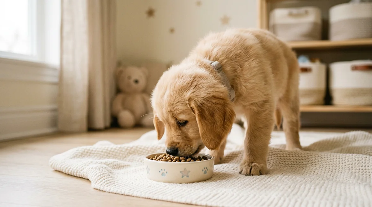 Themed puppy nutrition hero with soft cream tones and dog food bag styling