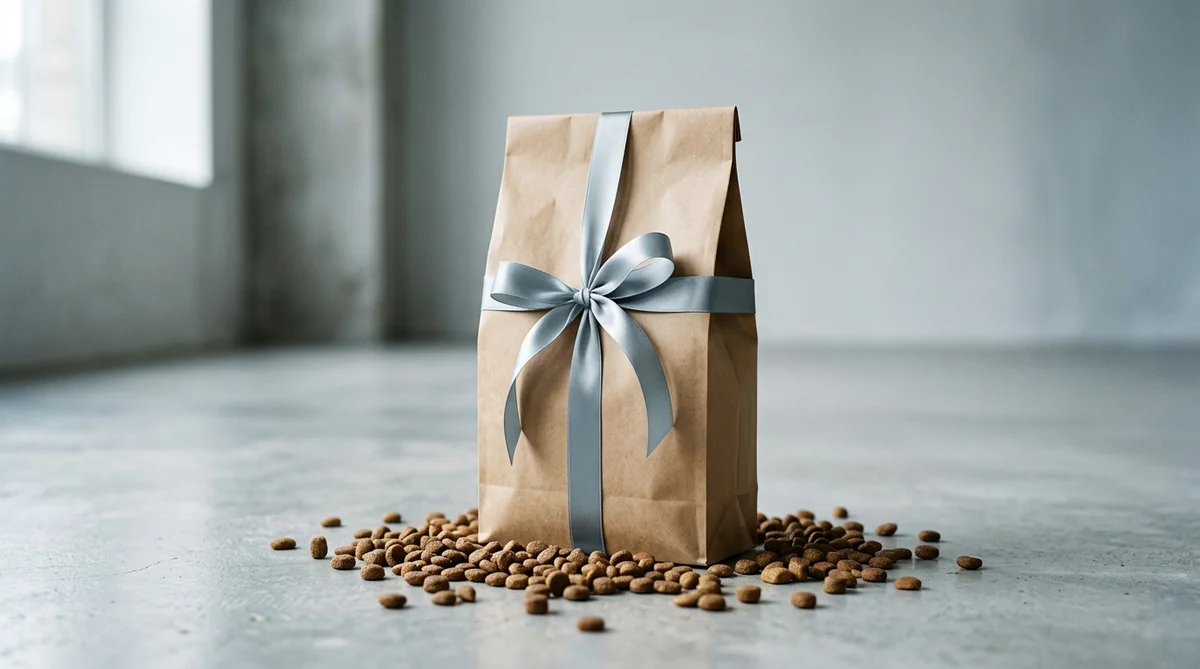 Themed Dr John Silver dog food bag with cool grey-blue styling