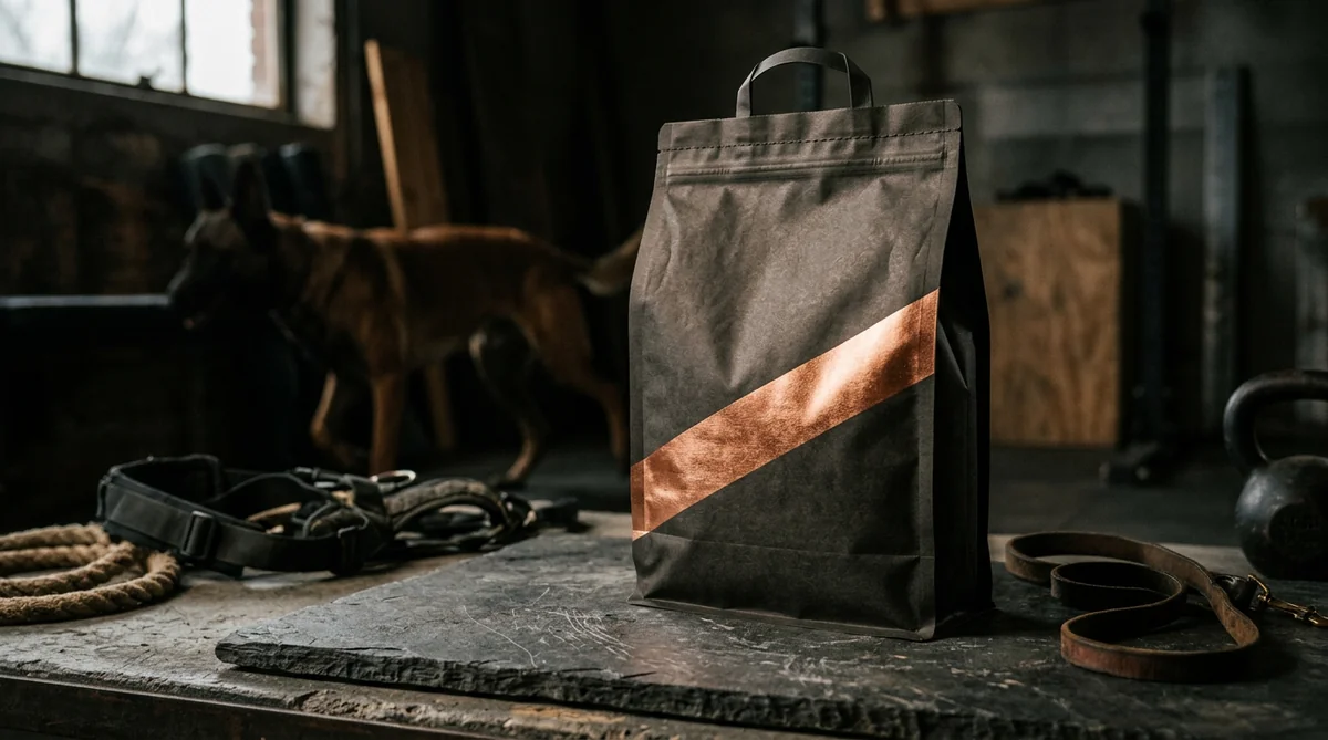 Themed Dr John Titanium high-energy dog food bag with dark dramatic styling