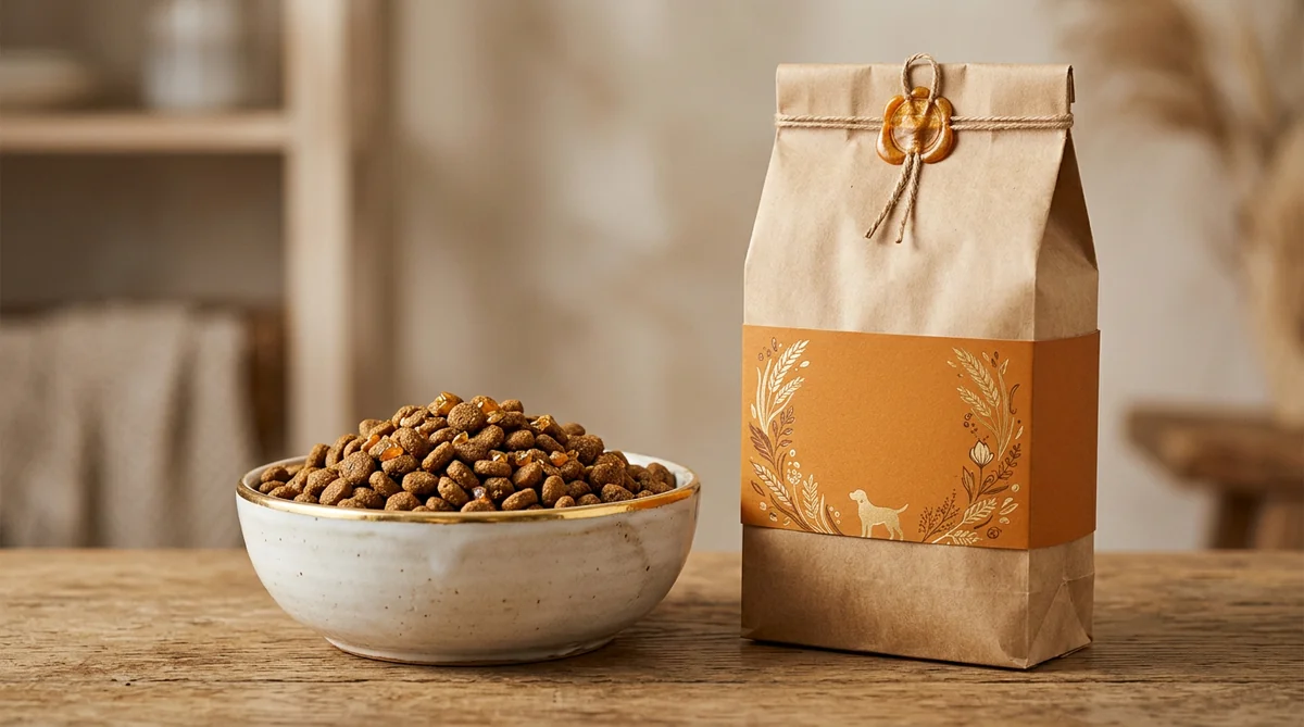 Gold-tone adult dog food kibble with kraft bag and bowl, studio product shot