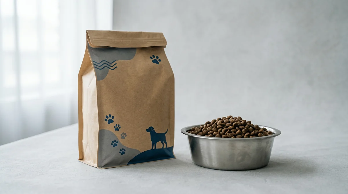 Cool-tone kraft dog food bag with bowl of kibble, minimal studio backdrop