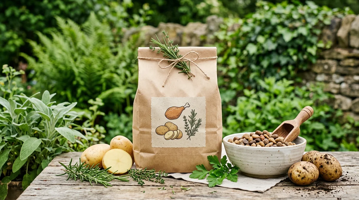 Grain-free style dog food scene with kibble, potato and herbs, bright food photo